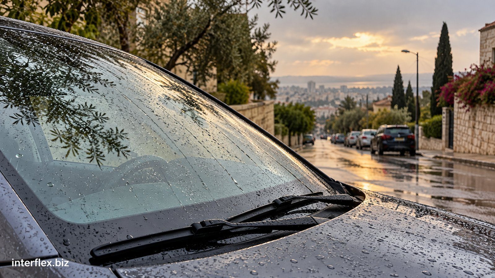 טיפות גשם על שמשה ומגבים של רכב חונה לצד רחוב מגורים רטוב