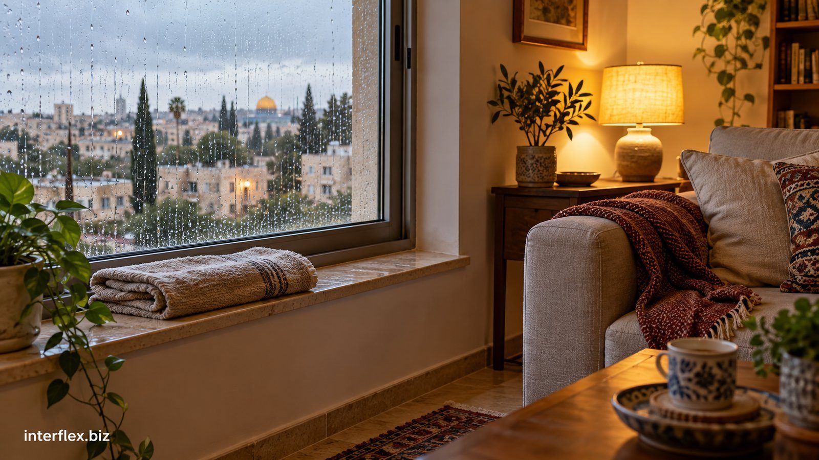 חלון סלון עם טיפות גשם, מגבת מקופלת על האדן ומנורה דולקת בפנים