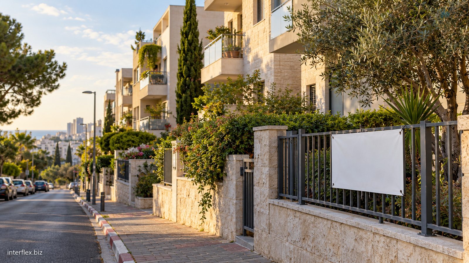 הדמיה מציאותית של רחוב מגורים ישראלי עם בנייני דירות ומרפסות, שלט נדל״ן ריק ואור אחר הצהריים