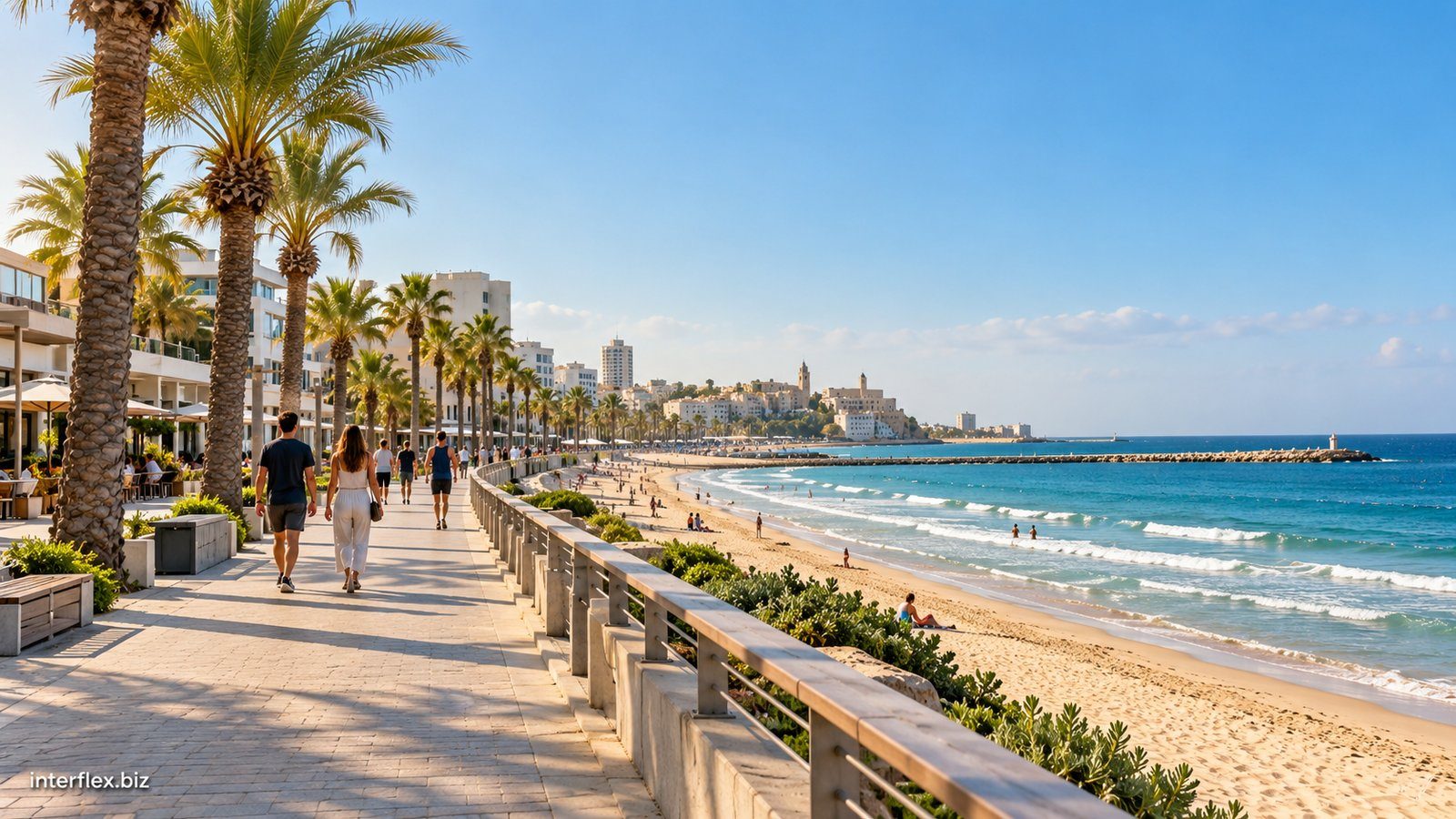 טיילת לצד חוף הים, דקלים ומספר הולכי רגל מרוחקים